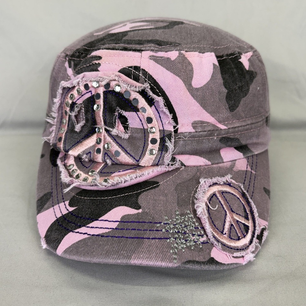 Unbranded Cadet Hat Peace Sign Camo Womens OSFM Pink Grey Rhinestone Y2K